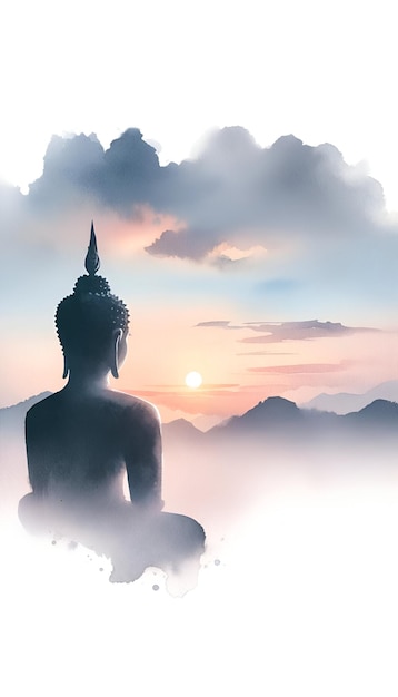 Illustrazione ad acquerello della silhouette di Buddha al tramonto