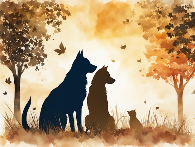 Illustrazione ad acquerello delle silhouette di gatti e cani in un prato e foglie di clearing per la Giornata nazionale degli animali domestici