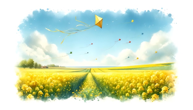 Illustrazione ad acquerello di aquiloni che volano sopra i campi di senape