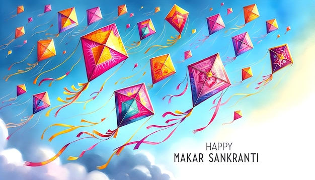 Illustrazione ad acquerello di aquiloni volanti Makar Sankranti