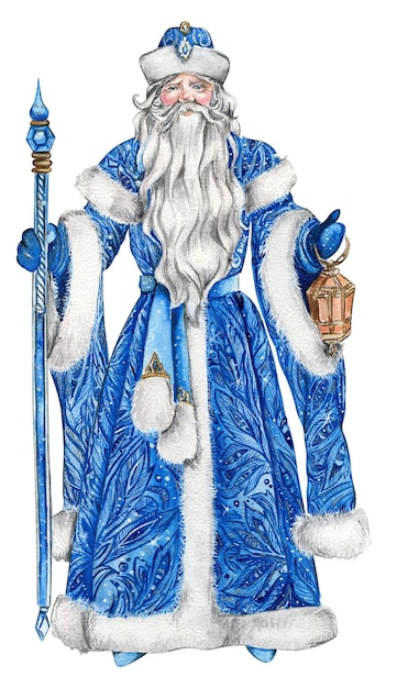 Illustrazione ad acquerello di Babbo Natale con il bastone di Natale