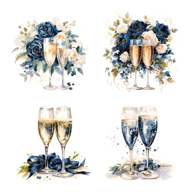 Illustrazione ad acquerello di champagne da matrimonio con fiori blu marino