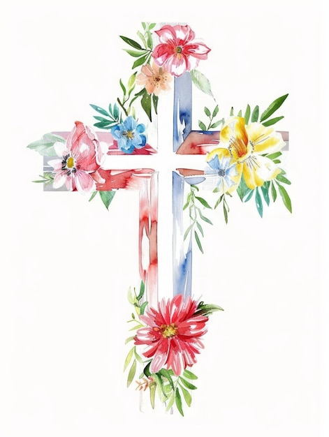 Illustrazione ad acquerello di croce religiosa decorata con fiori AI generativa