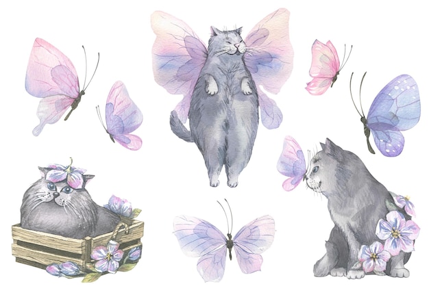 Illustrazione ad acquerello di delicate farfalle pinklilac e graziosi gatti grigi Luce ariosa delicata Per il design di banner, cartoline, abbigliamento, poster, design, carta da parati
