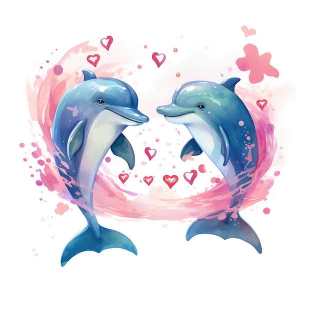 Illustrazione ad acquerello di due delfini che saltano sulle onde su uno sfondo bianco