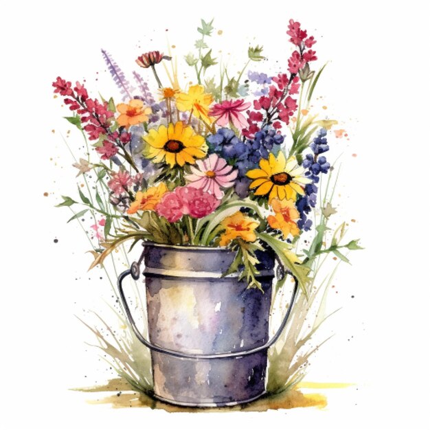 illustrazione ad acquerello di fiori selvatici in un contenitore