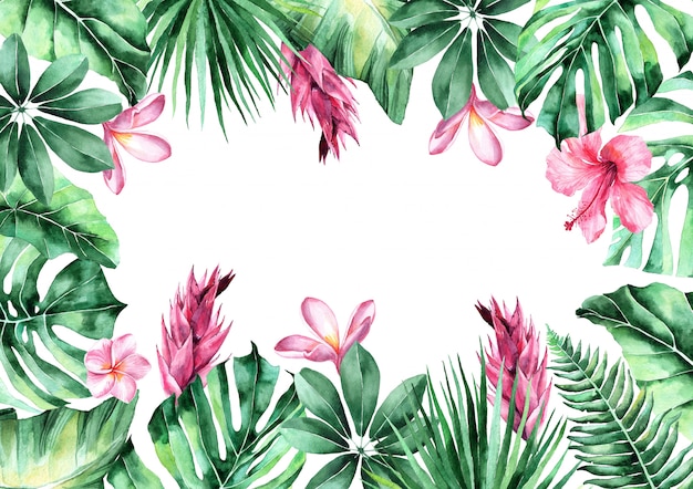 Illustrazione ad acquerello di foglie tropicali. cornice di foglie tropicali. invito al matrimonio