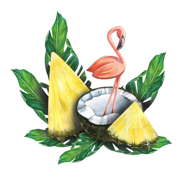 Illustrazione ad acquerello di frutta fette di ananas e mezza noce di cocco con fenicottero rosa e foglie di una palma tropicale per la decorazione di cartoline banner souvenir poster stampe