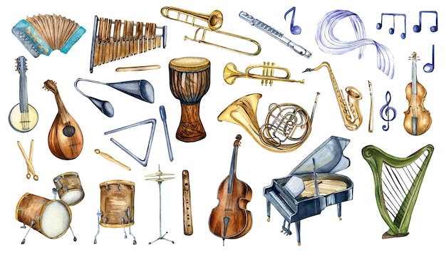 Illustrazione ad acquerello di note musicali Chiave di triplo e note isolate su sfondo bianco Confine senza cuciture di segni d'onda musicali disegnati a mano Simboli musicali dipinti a mano Elemento di design per volantino