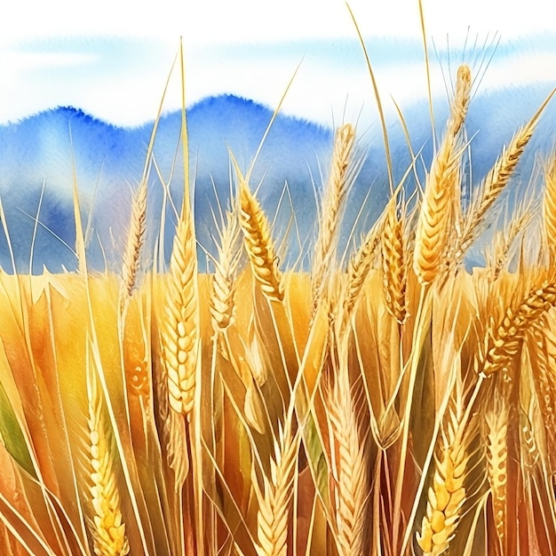 Illustrazione ad acquerello di orecchie di grano da vicino contro un cielo blu