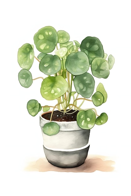 Illustrazione ad acquerello di Pilea Peperomioides in una pentola per l'arredamento di casa chic Generative AI