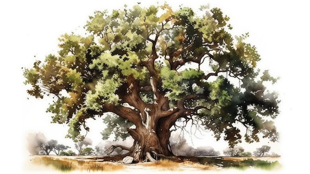 Illustrazione ad acquerello di quercia albero a foglie decidue su sfondo bianco