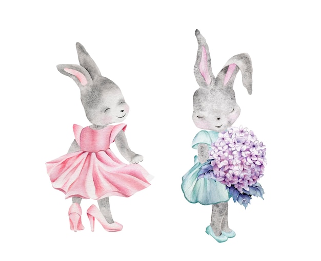 Illustrazione ad acquerello di simpatici coniglietti nella decorazione del coniglietto Disegno del manifesto della scuola materna Simbolo del nuovo anno 20