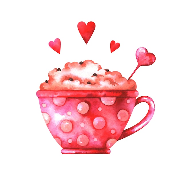 Illustrazione ad acquerello di tazza da cappuccino e cuori rossi isolati su sfondo bianco
