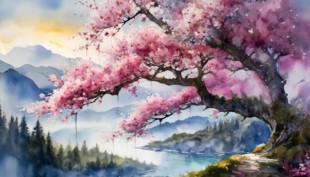 Illustrazione ad acquerello di un albero a fiori rosa Rami con fiori rosa Bella natura