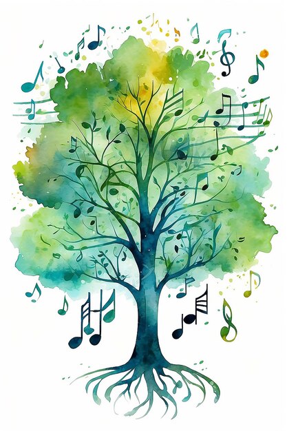 Illustrazione ad acquerello di un albero con note musicali per i media audio concetti e disegni note musicali albero musicale