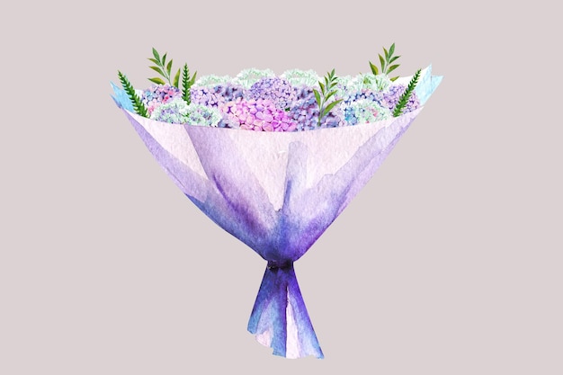 Illustrazione ad acquerello di un bellissimo bouquet di ortensie in una confezione regalo
