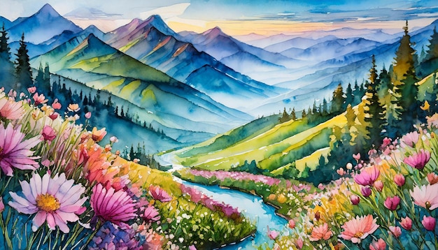 Illustrazione ad acquerello di un bellissimo paesaggio estivo con montagne e piante in fiore