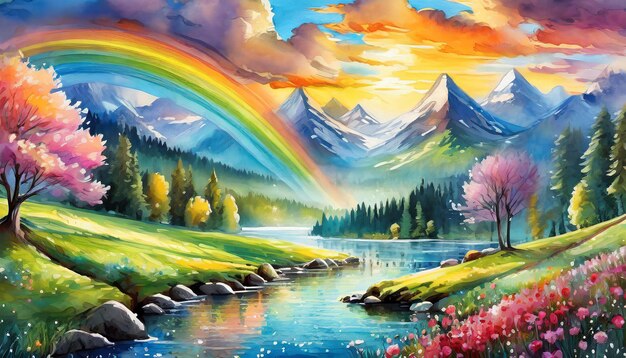 Illustrazione ad acquerello di un bellissimo paesaggio naturale con montagne arcobaleno e foreste