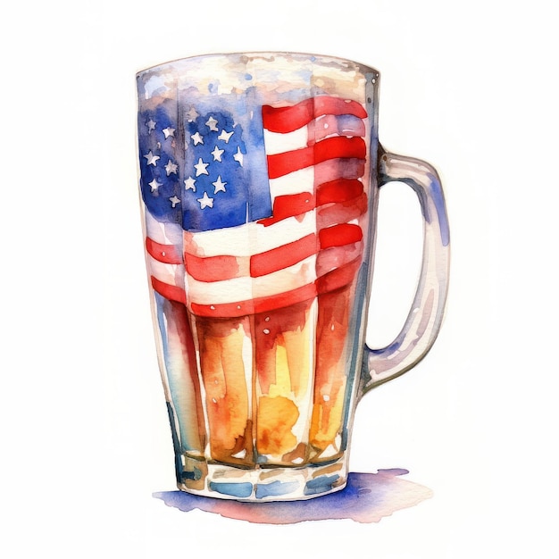 Illustrazione ad acquerello di un bicchiere con bandiera americana su sfondo bianco