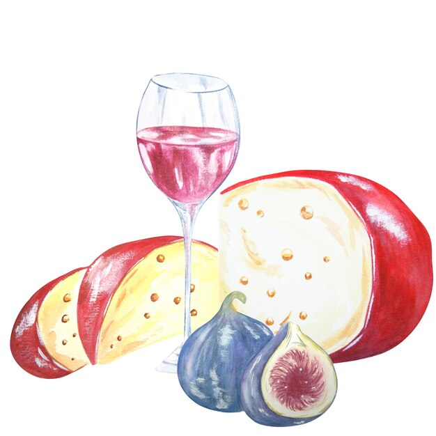 Illustrazione ad acquerello di un bicchiere con vino, formaggio e fichi su sfondo bianco. Rastrello.