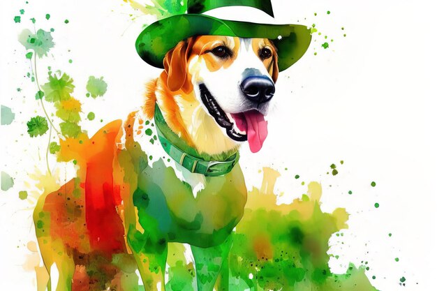 Illustrazione ad acquerello di un cane che indossa un cappello verde per il giorno di San Patrizio, la festa nazionale irlandese della ricchezza e della buona fortuna.