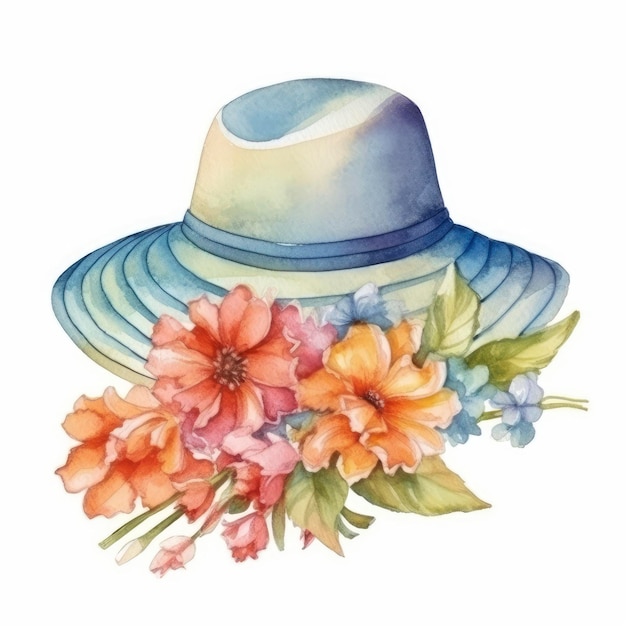 Illustrazione ad acquerello di un cappello di paglia con fiori