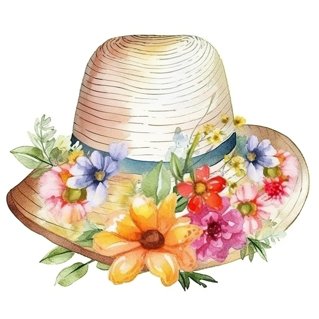 Illustrazione ad acquerello di un cappello di paglia con fiori