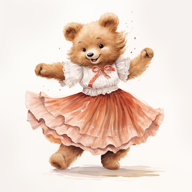 Illustrazione ad acquerello di un carino orso femmina danzante arte murale a colori pastello cornice arte nursery p