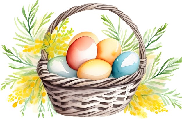 Illustrazione ad acquerello di un cesto con uova per Pasqua Cesto di vimini di Pasqua con uova colorate