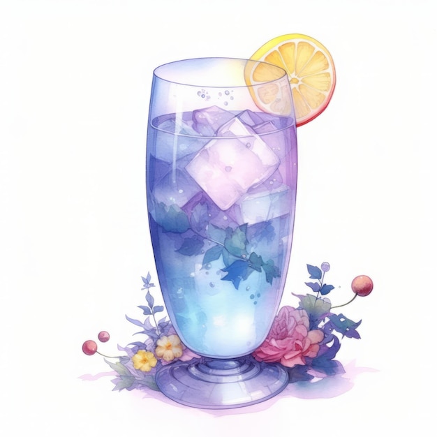 Illustrazione ad acquerello di un cocktail in un bicchiere con ghiaccio e una cannuccia