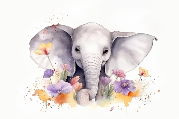 Illustrazione ad acquerello di un elefante in fiori disegno bohemiano per poster di asilo generativo AI