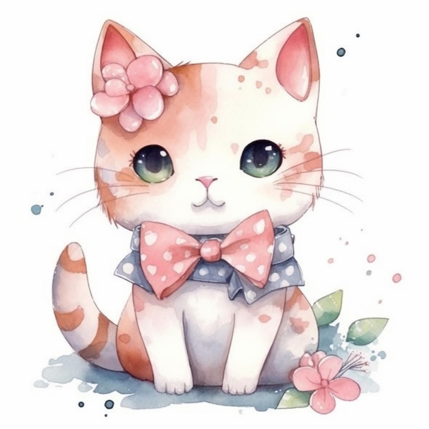 Illustrazione ad acquerello di un gatto con un fiocco sul collo.