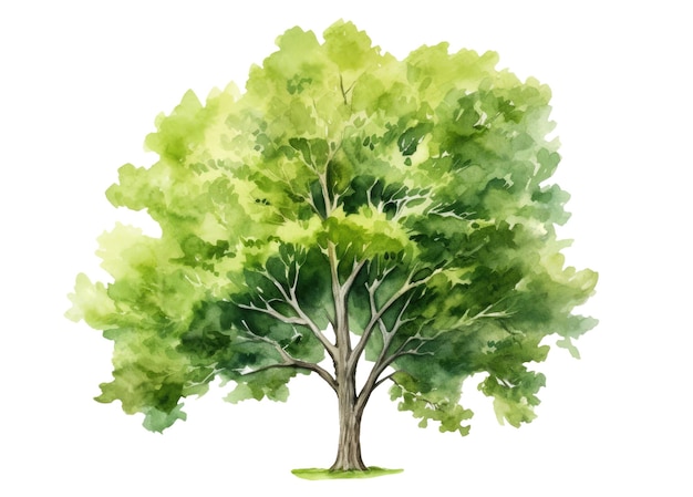 Illustrazione ad acquerello di un grande albero verde isolato su sfondo bianco AI generativa