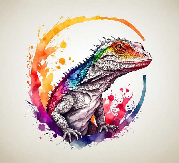 Illustrazione ad acquerello di un'iguana colorata su uno sfondo bianco