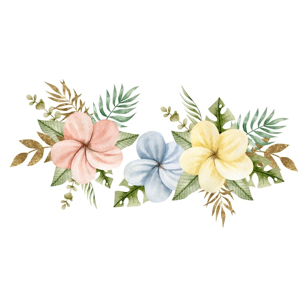 Illustrazione ad acquerello di un mazzo di fiori tropicali. composizione floreale