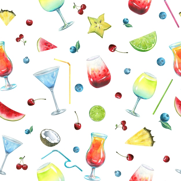 Illustrazione ad acquerello di un motivo senza cuciture sul tema di un bar sulla spiaggia Cocktail frutta bacche bicchieri Stampa succosa brillante Per tessuti e tessuti abbigliamento e stampe carta da parati