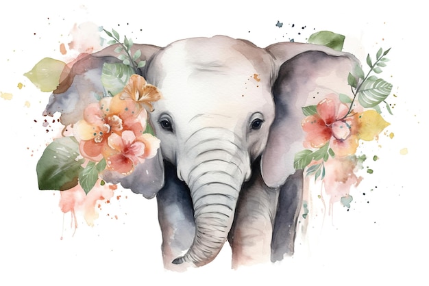 Illustrazione ad acquerello di un piccolo elefante bambino in fiori su un disegno bohemiano bianco per poster di asilo nido generativo AI