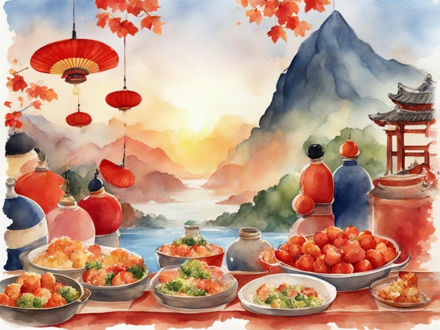 Illustrazione ad acquerello di un poster per celebrare il Capodanno coreano