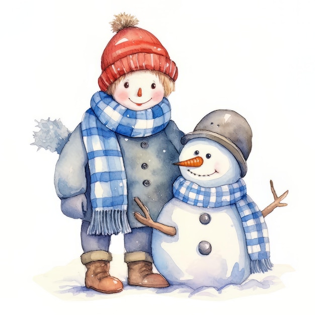 Illustrazione ad acquerello di un ragazzo e un pupazzo di neve