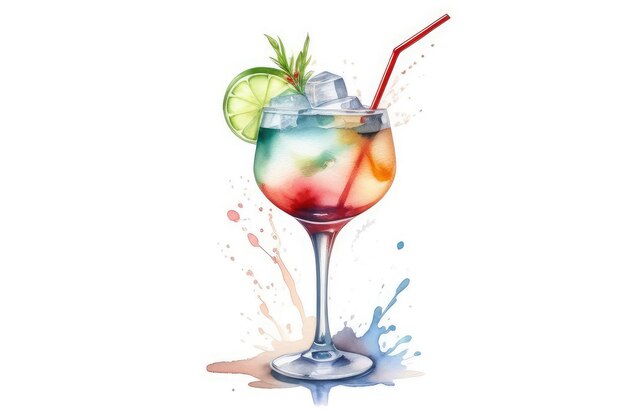 illustrazione ad acquerello di un rinfrescante cocktail alcolico in bicchiere con fetta di lime e paglia