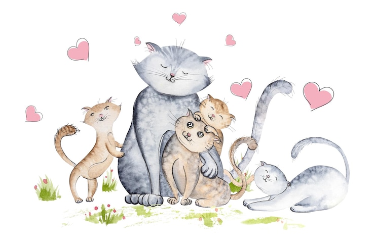 Foto illustrazione ad acquerello di un set con una gatta madre e gatti carini di diversi colori con cuori e cespugli d'erba illustrazione adacquerello di gatti per cartoline di design tessile