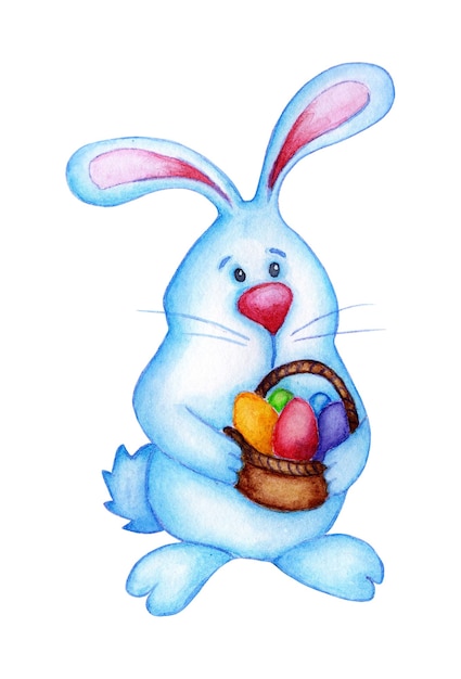 Illustrazione ad acquerello di un simpatico coniglietto pasquale che tiene un cesto di uova nelle zampe. Coniglio divertente del fumetto in blu e con un grande naso. Pasqua, tradizione, religione. Isolato su bianco.
