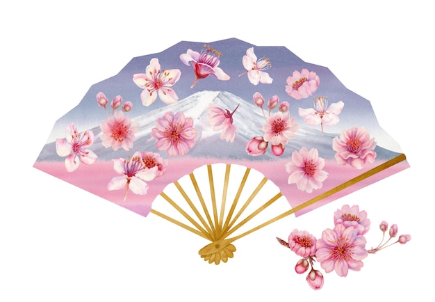 Illustrazione ad acquerello di un ventaglio di carta grigio aperto con fiori di ciliegio e Monte Fuji