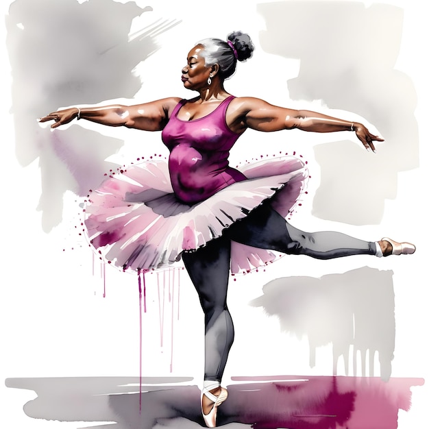 Illustrazione ad acquerello di una ballerina di 70 anni che balla