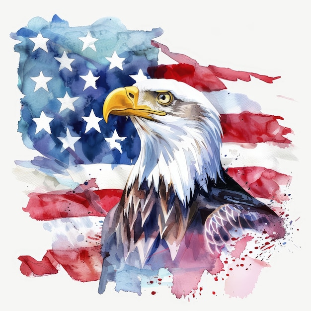 Illustrazione ad acquerello di una bandiera americana e di un'aquila calva