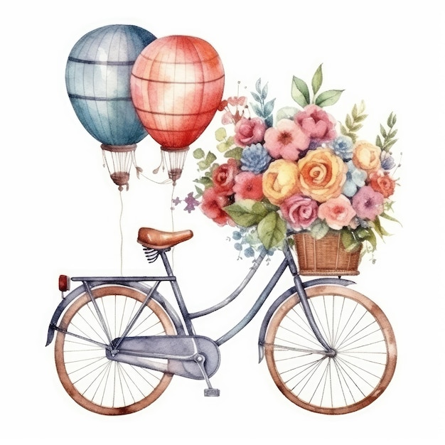 Illustrazione ad acquerello di una bicicletta con un cesto di fiori e palloncini.