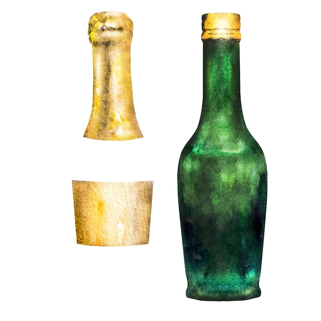 Illustrazione ad acquerello di una bottiglia di champagne in vetro verde Bottiglia di Champagne disegnata a mano
