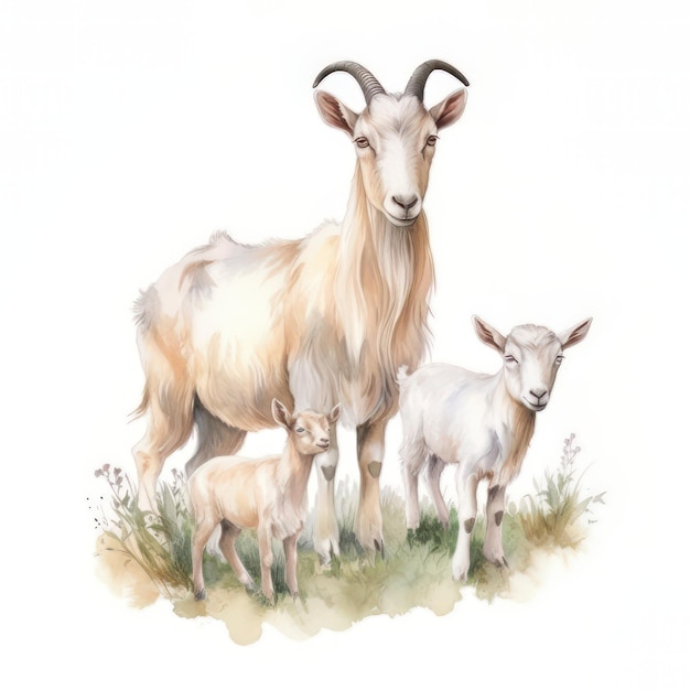 Illustrazione ad acquerello di una capra con il suo bambino e la madre su sfondo bianco