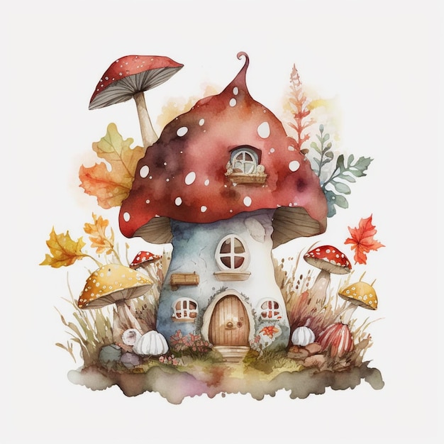 Illustrazione ad acquerello di una casa dei funghi con una casa dei funghi e funghi.